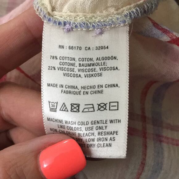 Anthropologie Holding Horses Brushed Plaid Cream/Pink Sheer Button Down Top - Picture 3 of 7